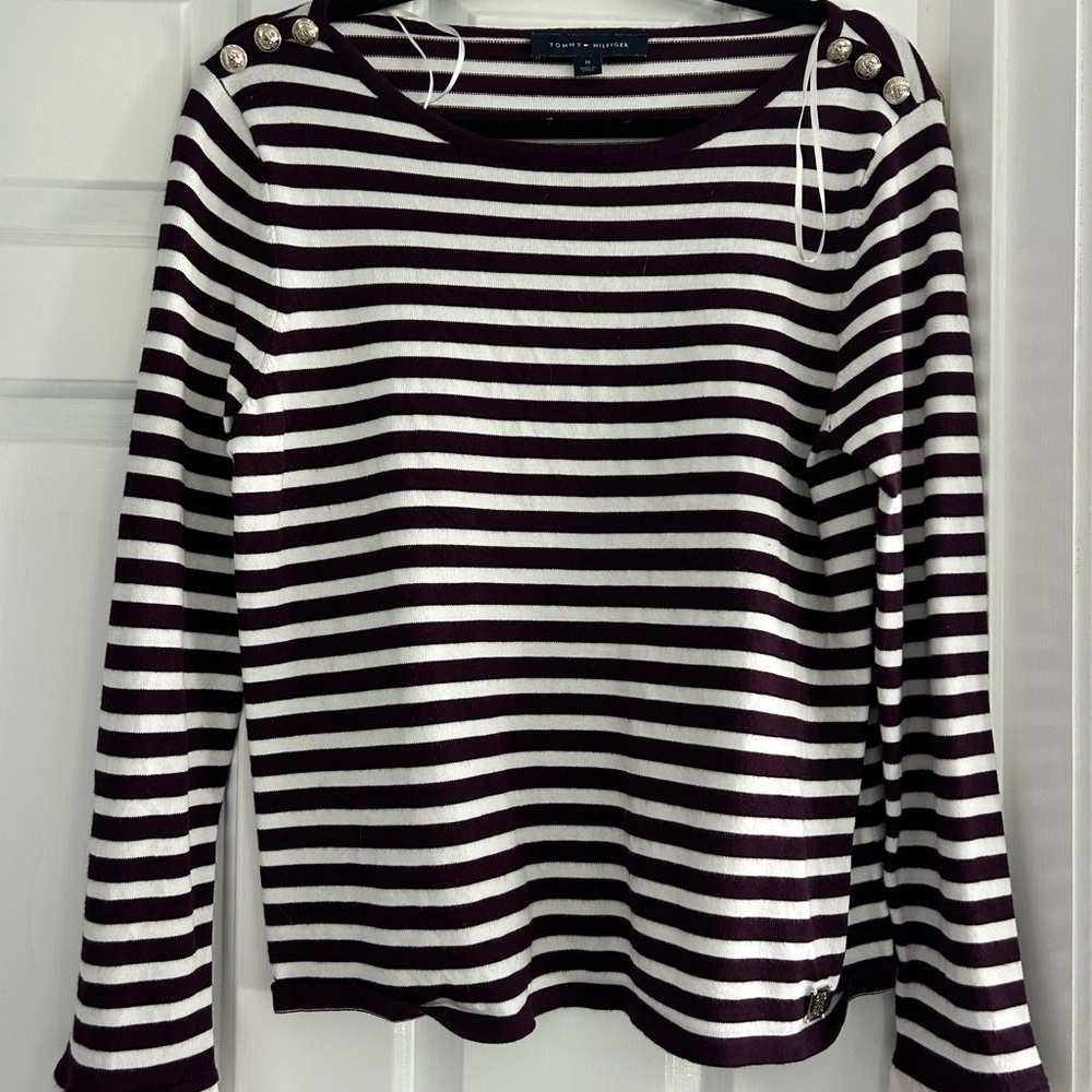 Tommy Hilfiger Purple and White Striped Sweater